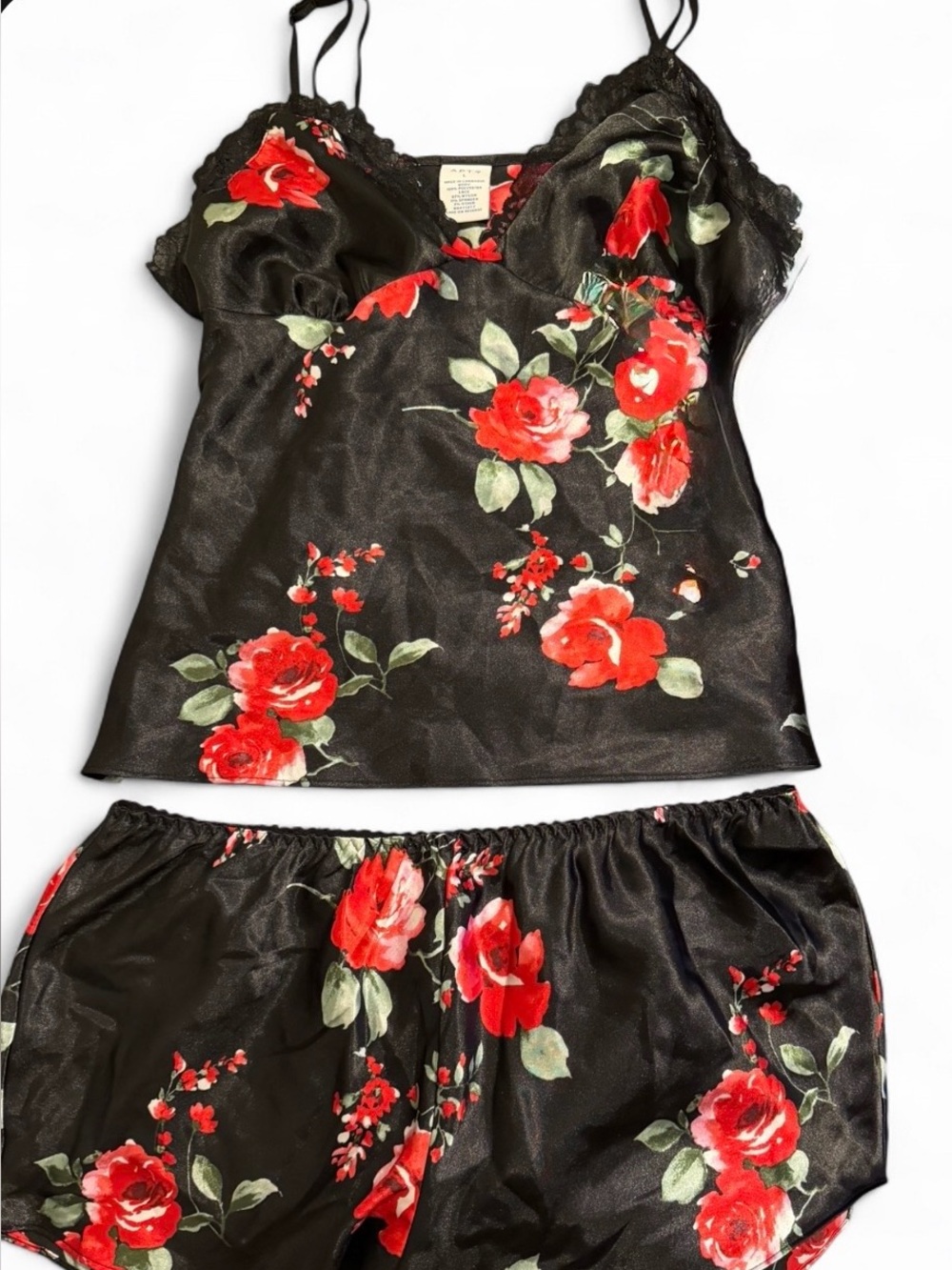 Vintage Apt.9 Black Satin Y2K Red Rose Lingerie Set with Lace Trim